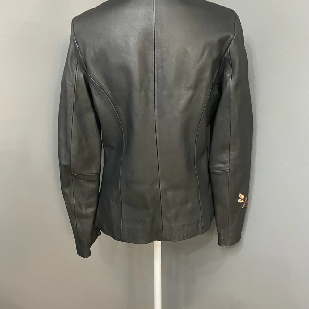 BELLE SPORT Womens Black Leather Jacket Blazer Floral Embroidery Throughout S - Picture 3 of 17